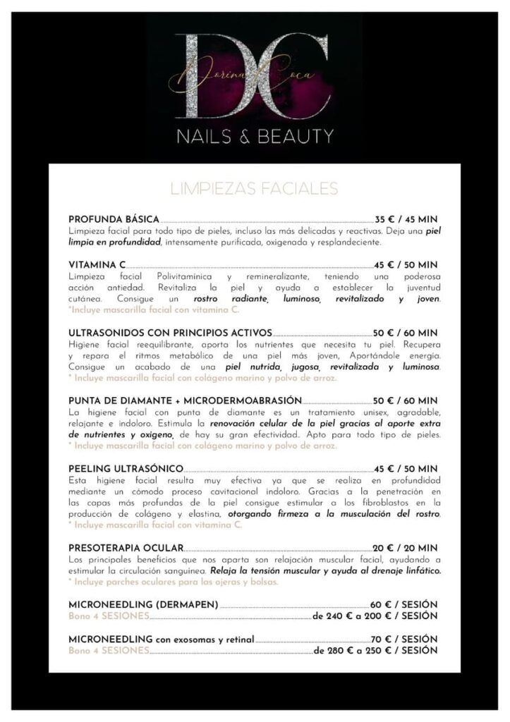 Precios servicios tratamientos faciales Dorina Cuca